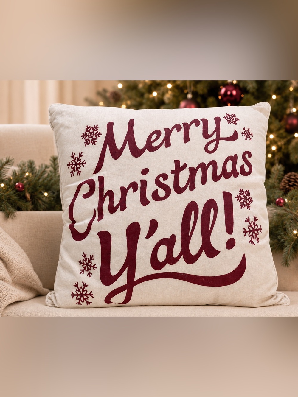 Festive Merry‎ Christmas Pillow - Red and Cream